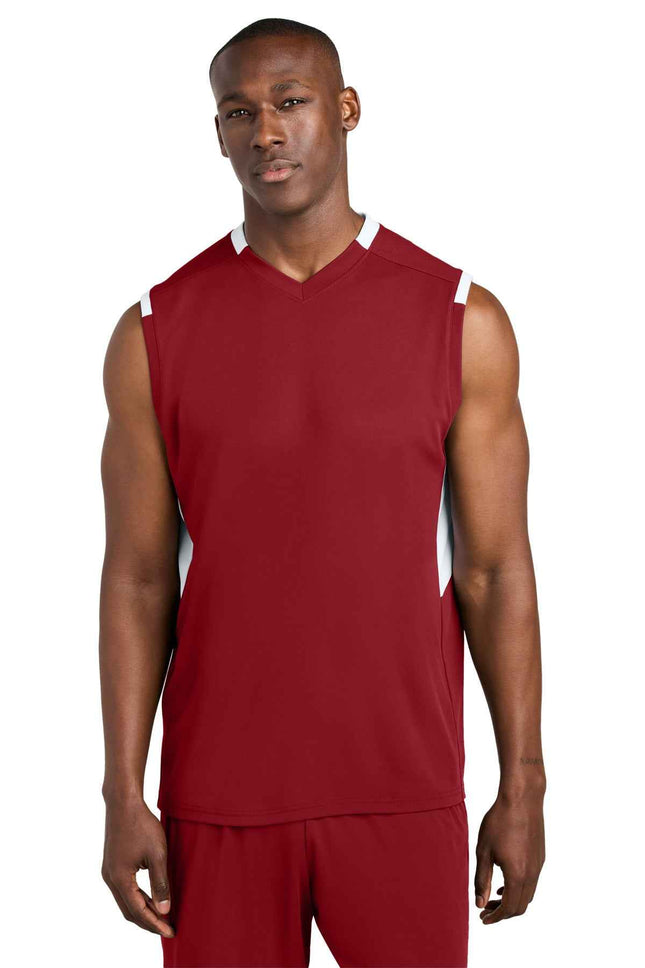 SportTek Club Sleeveless VNeck ST441 Deep Red White