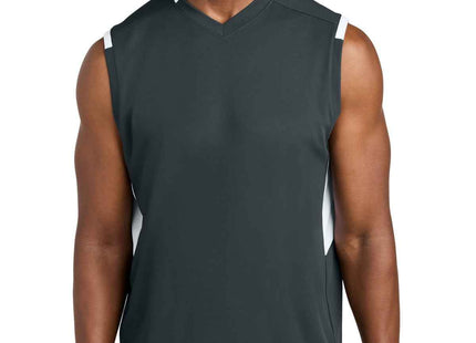 SportTek Club Sleeveless VNeck ST441 Iron Grey White