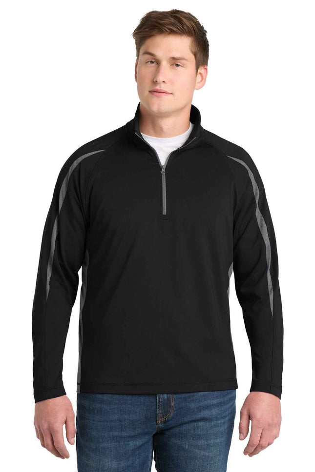 SportTek SportWick Stretch 1/4Zip Colorblock Pullover ST851 Black Charcoal Grey
