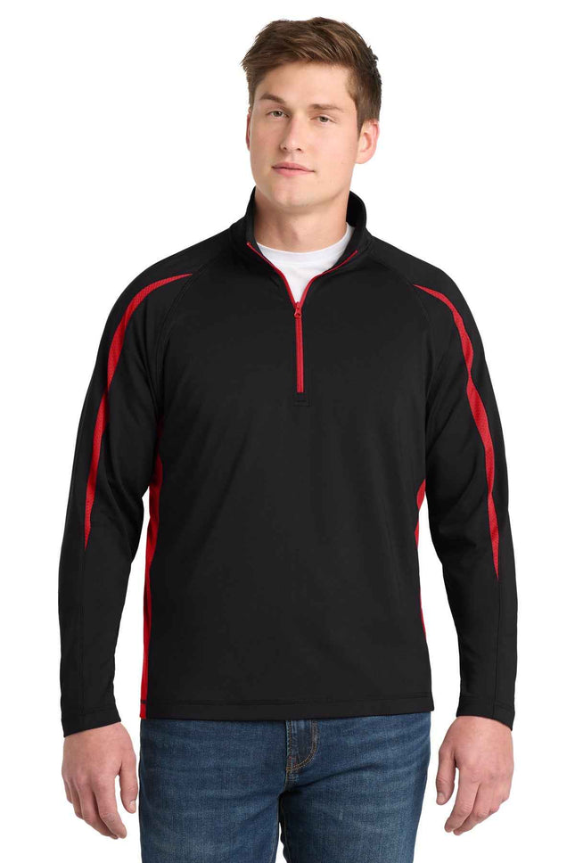 SportTek SportWick Stretch 1/4Zip Colorblock Pullover ST851 Black True Red