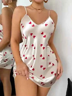 Premium Women's V-Neck Spaghetti Strap Heart Print Babydoll Nightdress White