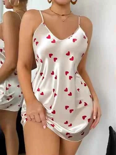 Premium Women's V-Neck Spaghetti Strap Heart Print Babydoll Nightdress White