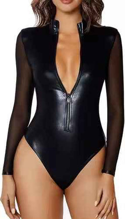 Women's Faux Leather Lace-Up Bodysuit Black