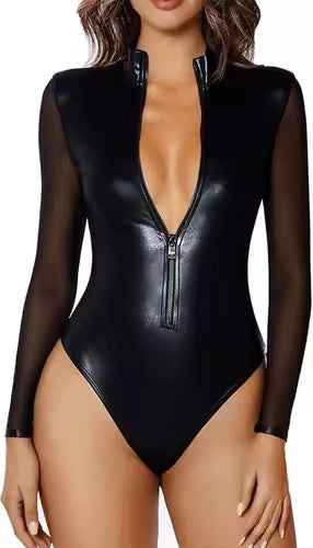 Women's Faux Leather Lace-Up Bodysuit