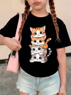 Cute Cat Print T-Shirt Kawaii Cartoon Kitten Short Sleeve Summer Tee for Boys & Girls