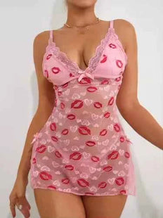 Premium Women's Pink Lips Love Print Lace Babydoll Nightdress with Bow Pink