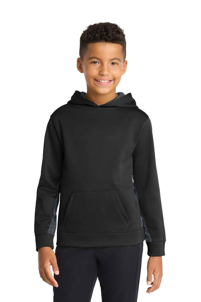 SportTek Youth SportWick CamoHex Fleece Colorblock Hooded Pullover YST239