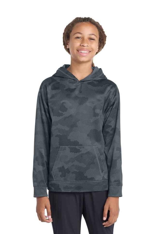 SportTek Youth SportWick CamoHex Fleece Hooded Pullover YST240