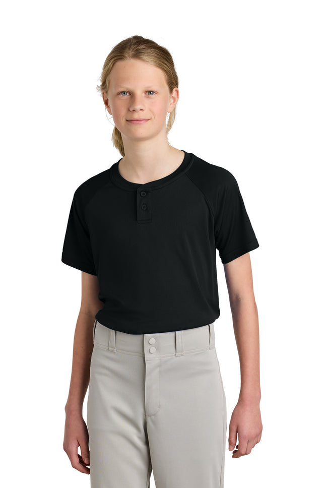 SportTek Youth PosiCharge Competitor 2Button Henley YST359 Black