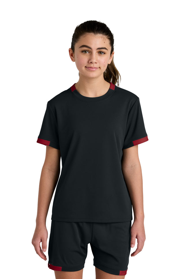 SportTek Youth Club Short Sleeve Crew YST440 Black Deep Red