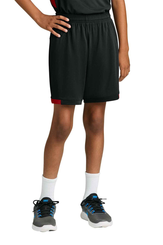 SportTek Youth Club 5" Short YST4420 Black Deep Red