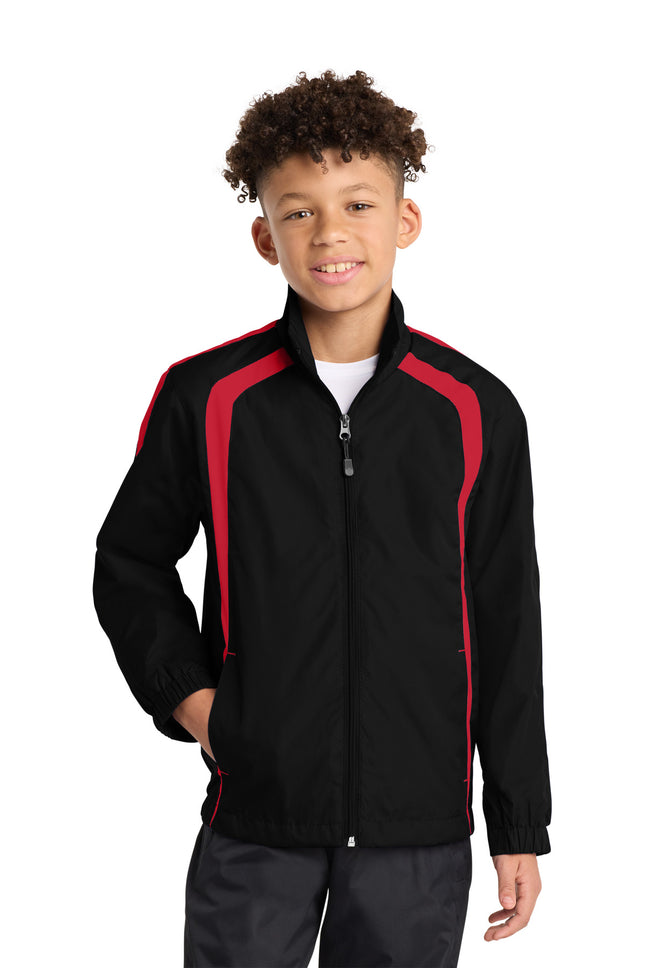 SportTek Youth Colorblock Raglan Jacket YST60 Black True Red
