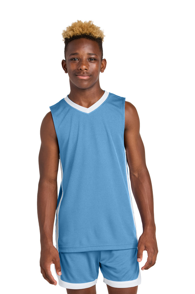 SportTek Youth Rival Basketball Rev Jersey YST900 Carolina Blue White