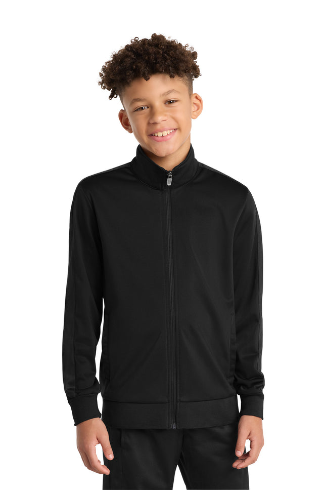 SportTek Youth Tricot Sleeve Stripe Track Jacket YST94 Black Black