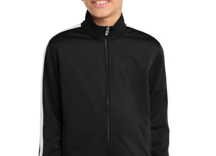 SportTek Youth Tricot Sleeve Stripe Track Jacket YST94 Black White