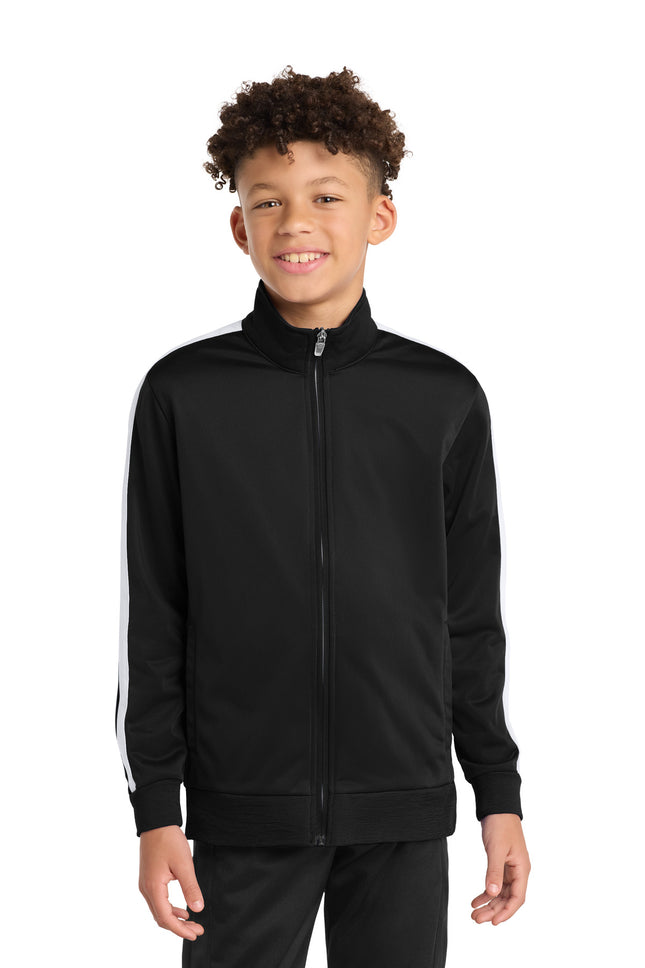 SportTek Youth Tricot Sleeve Stripe Track Jacket YST94 Black White