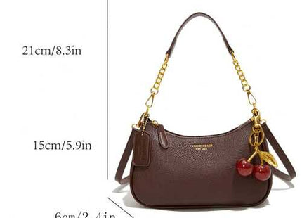 Women’s  PU Shoulder Bag with Cherry Charm and Adjustable Chain Strap