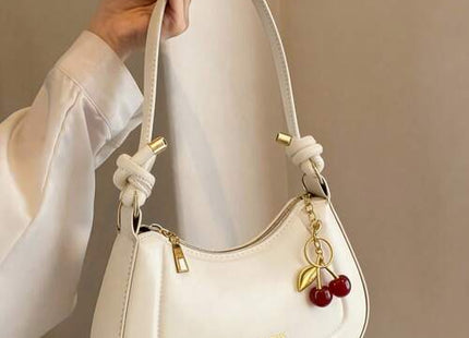 Women’s White Floral Print Mini Shoulder Bag with Cherry Pendant