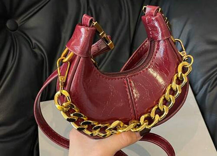 Women’s Wine Red Crescent Crossbody Bag with Metal Chain Strap