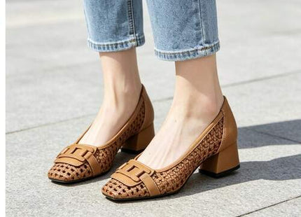 Women’s Tan Woven Square-Toe Block Heel Pumps with Buckle Detail