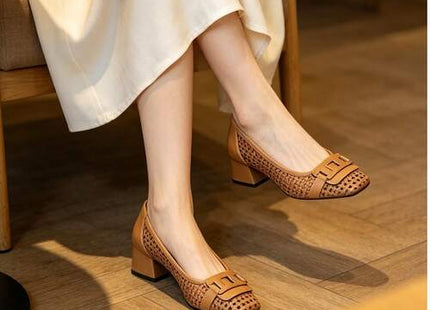 Women’s Tan Woven Square-Toe Block Heel Pumps with Buckle Detail