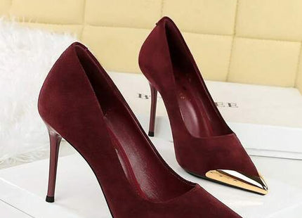 Women’s Burgundy Pointed-Toe Stiletto Pumps with Gold Cap Toe
