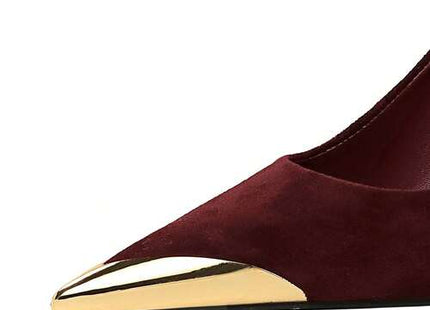 Women’s Burgundy Pointed-Toe Stiletto Pumps with Gold Cap Toe