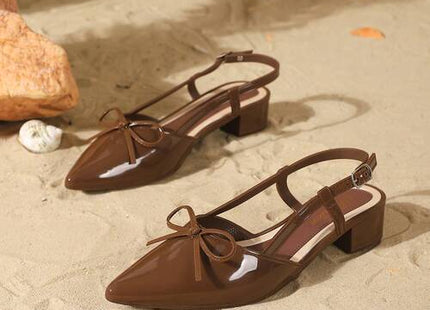 Women’s Brown Bow-Detail Pointed-Toe Slingback Block Heel Pumps