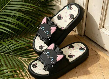 Women’s Black Cat Character Open-Toe Platform Slide Slippers