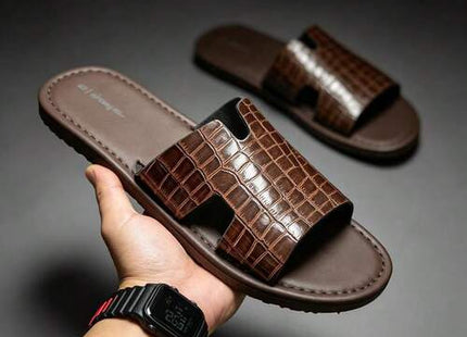 Men’s Crocodile-Effect H-Strap Flat Slide Sandals