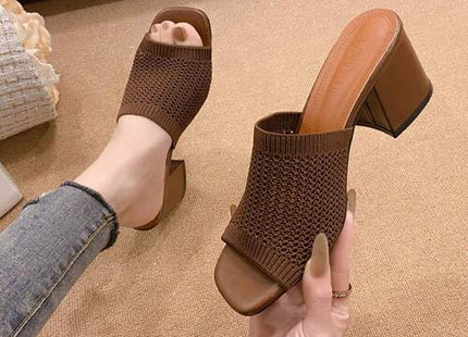 Women’s Brown Knit Square-Toe Block Heel Mule Sandals