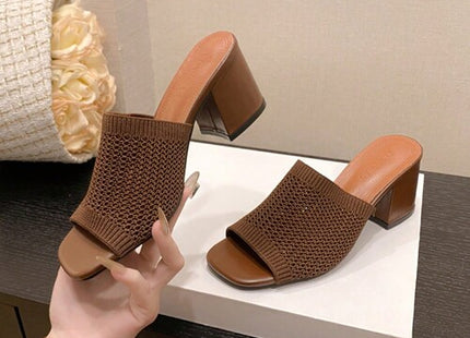 Women’s Brown Knit Square-Toe Block Heel Mule Sandals