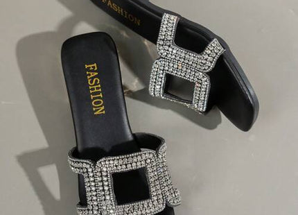 Women’s Rhinestone Buckle Square-Toe Low Heel Mule Sandals