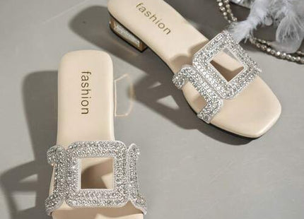 Women’s Rhinestone Buckle Square-Toe Low Heel Mule Sandals