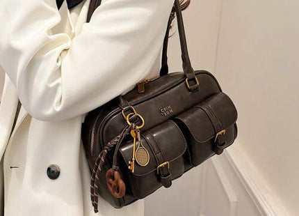 Women’s Retro Multi-Pocket PU Shoulder Bag with Detachable Charm
