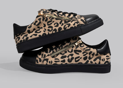 Women’s Leopard Print Patchwork Lace-Up Sneakers with Side Zipper