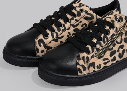 Women’s Leopard Print Patchwork Lace-Up Sneakers with Side Zipper