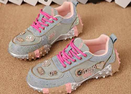 Women’s Rhinestone Denim-Effect Chunky Platform Sneakers Pink