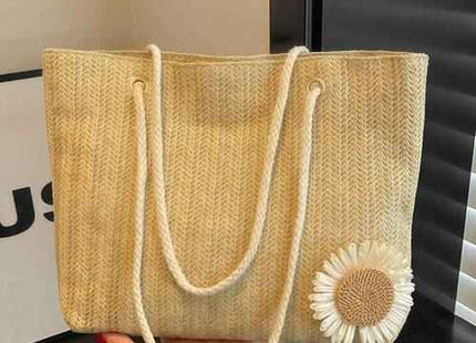 Women’s Beige Straw Tote Bag with Daisy Detail