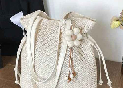 Women’s Cream Woven Bucket Tote Bag with Drawstring Detail