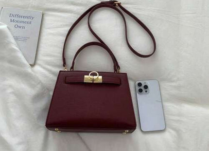Women’s Burgundy Square Handbag with Turn-Lock and Adjustable Strap